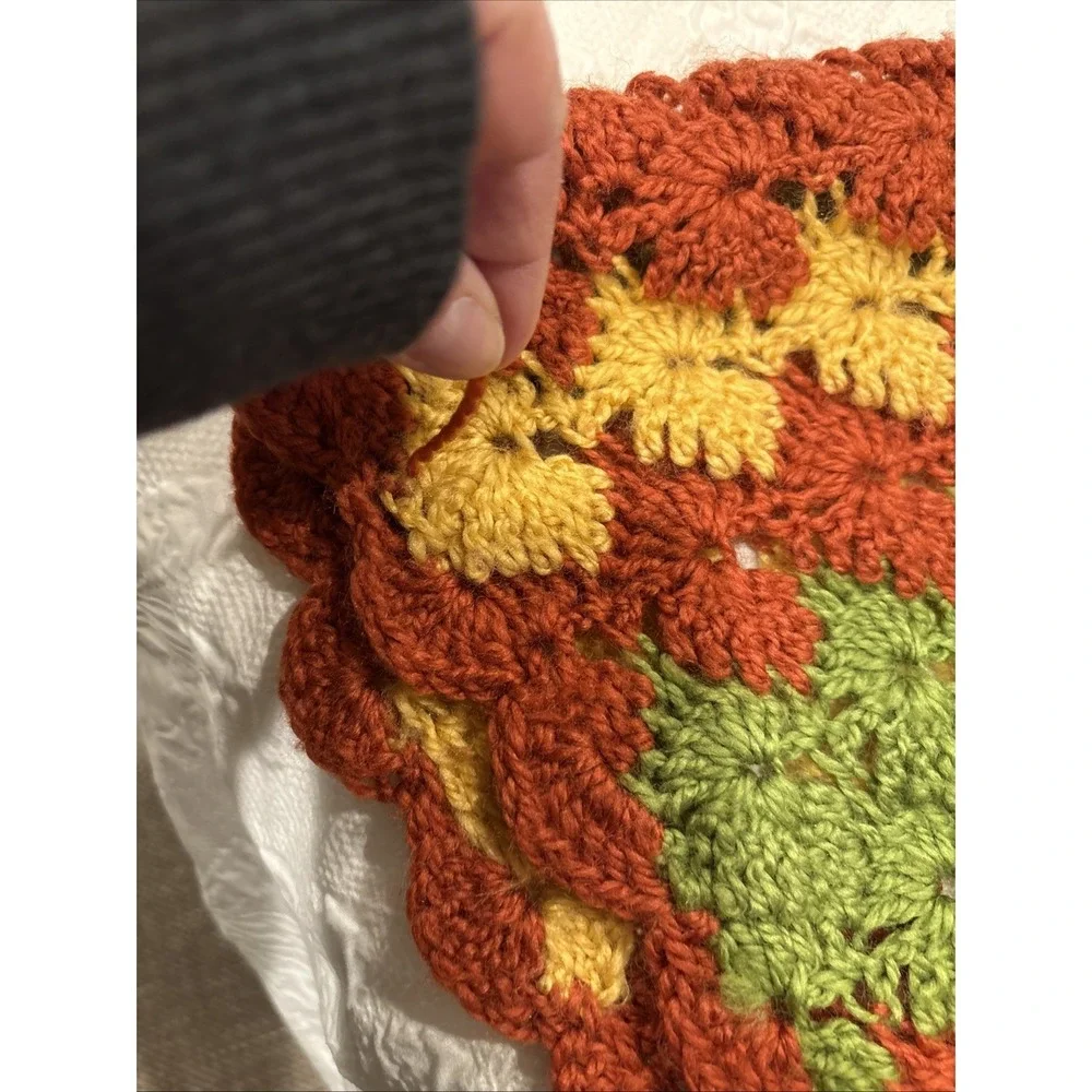 VTG Afghan Throw‎ Retro 70s Crochet Yellow Green Red Boho Stripe Blanket 34x61
